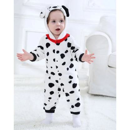 Baby Dalmatian Costume with Puppy Hood, Flannel Animal Jumpsuit for Infants and Toddlers, Halloween Dress-Up and Photo Outfits