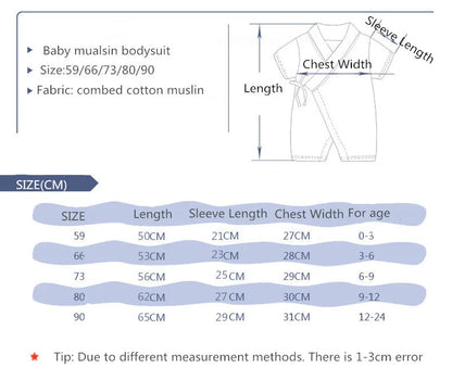 Muslin Cotton Baby Kimono Romper with Side Ties and Leg Snaps, Long Sleeve Printed Footless Jumpsuit for Boys and Girls, 0-24 Months