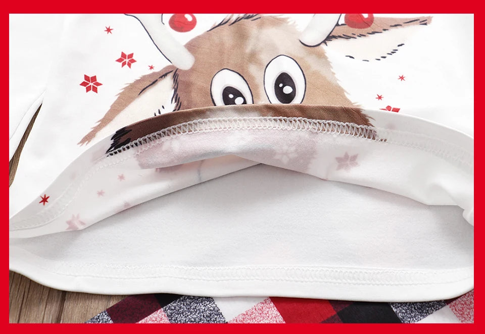 Red-Nose Reindeer Family Christmas Pajamas with White Long Sleeve Tops and Red Black Plaid Pants, Matching Mom Dad Kids Sets and Baby Jumpsuit Options