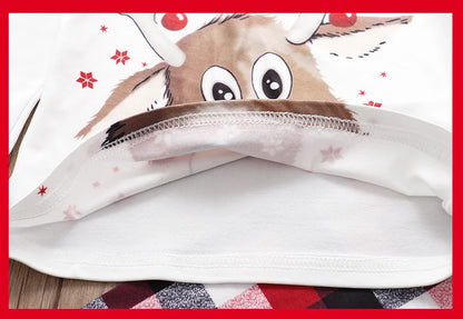 Red-Nose Reindeer Family Christmas Pajamas with White Long Sleeve Tops and Red Black Plaid Pants, Matching Mom Dad Kids Sets and Baby Jumpsuit Options