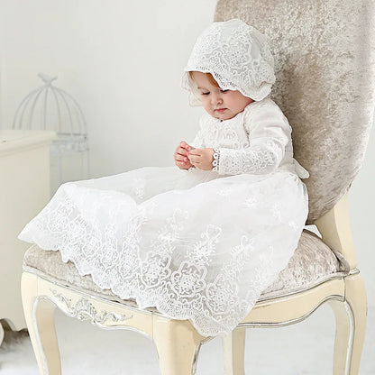 Baby Baptism Gown for Girls with Long Sleeves, Lace Details and Cotton Lining, Dress and Cap Set for Christening and First Birthday Photos