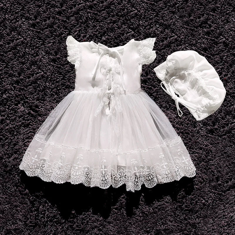 Baby Baptism Gown for Girls with Long Sleeves, Lace Details and Cotton Lining, Dress and Cap Set for Christening and First Birthday Photos