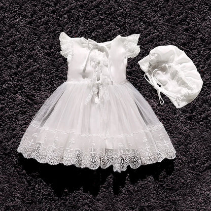 Baby Baptism Gown for Girls with Long Sleeves, Lace Details and Cotton Lining, Dress and Cap Set for Christening and First Birthday Photos
