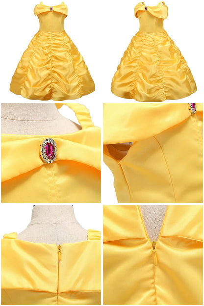 Yellow Princess Dress for Girls, Belle-Inspired Costume Gown in Dress A, B or C Styles and Sizes 3T–10T for Birthday Parties and Halloween