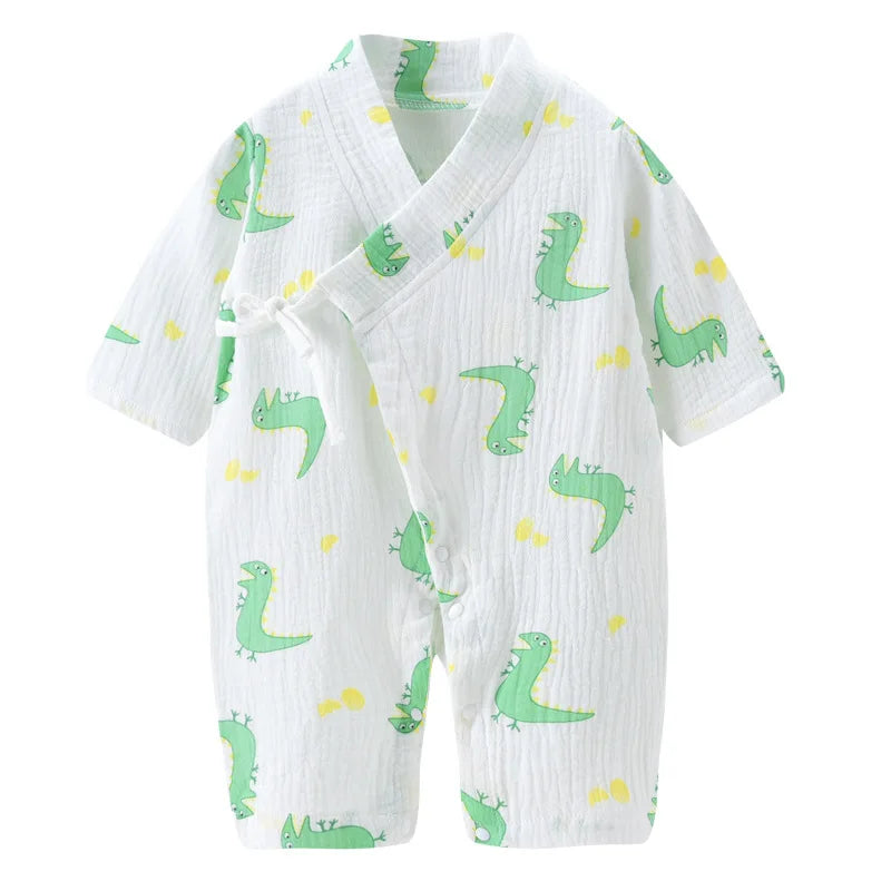 Muslin Cotton Baby Kimono Romper with Side Ties and Leg Snaps, Long Sleeve Printed Footless Jumpsuit for Boys and Girls, 0-24 Months