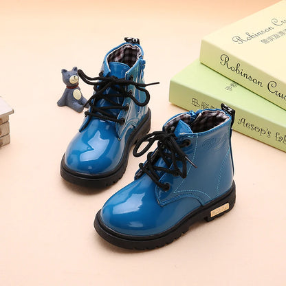 Lace-Up Kids Ankle Boots in PU Leather, Side-Zip Casual Shoes for Boys and Girls with Plush-Lined Options, Five Colors and Sizes 21-36