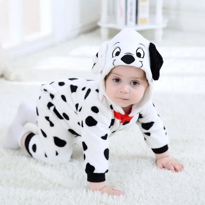 Baby Dalmatian Costume with Puppy Hood, Flannel Animal Jumpsuit for Infants and Toddlers, Halloween Dress-Up and Photo Outfits