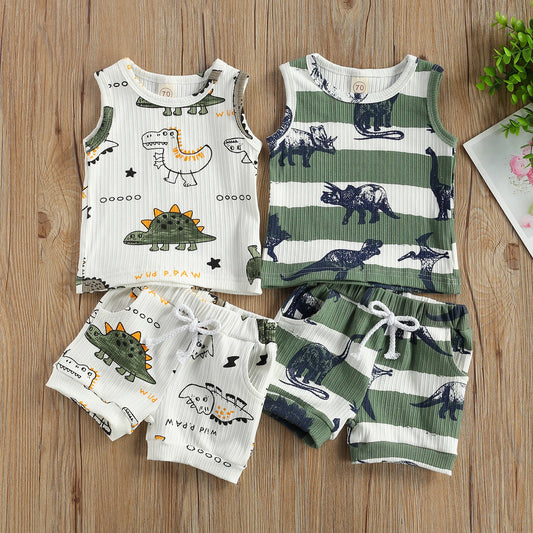 Baby Dinosaur Tank Top and Shorts Set, Cotton Sleeveless Summer Outfit with Elastic Waist for Boys and Girls in Infant Sizes 3M to 24M