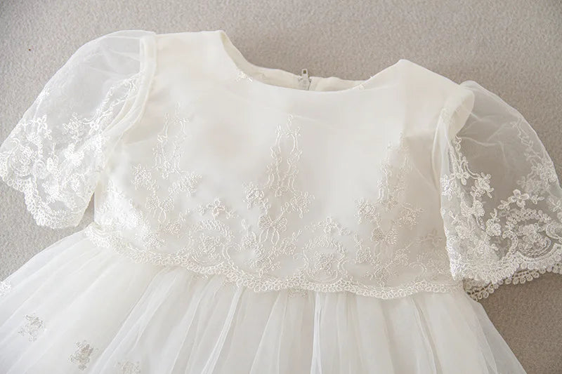 Baby Baptism Gown for Girls with Long Sleeves, Lace Details and Cotton Lining, Dress and Cap Set for Christening and First Birthday Photos