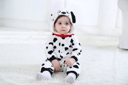 Baby Dalmatian Costume with Puppy Hood, Flannel Animal Jumpsuit for Infants and Toddlers, Halloween Dress-Up and Photo Outfits