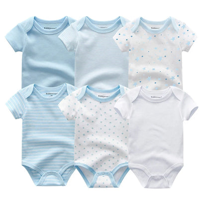 Baby Cotton Bodysuit Set, 6-Piece Short Sleeve Outfits with Envelope Shoulders and Snap Crotch for Boys and Girls, Sizes 3M-12M