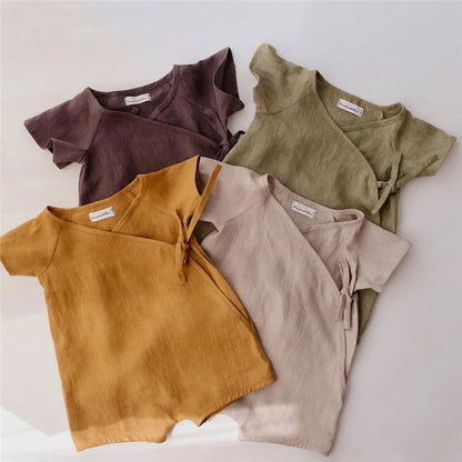 Baby Wrap Romper in Linen Cotton with Short Sleeves and Side Ties, V-Neck Summer One-Piece Outfit for Boys and Girls in Four Color Options
