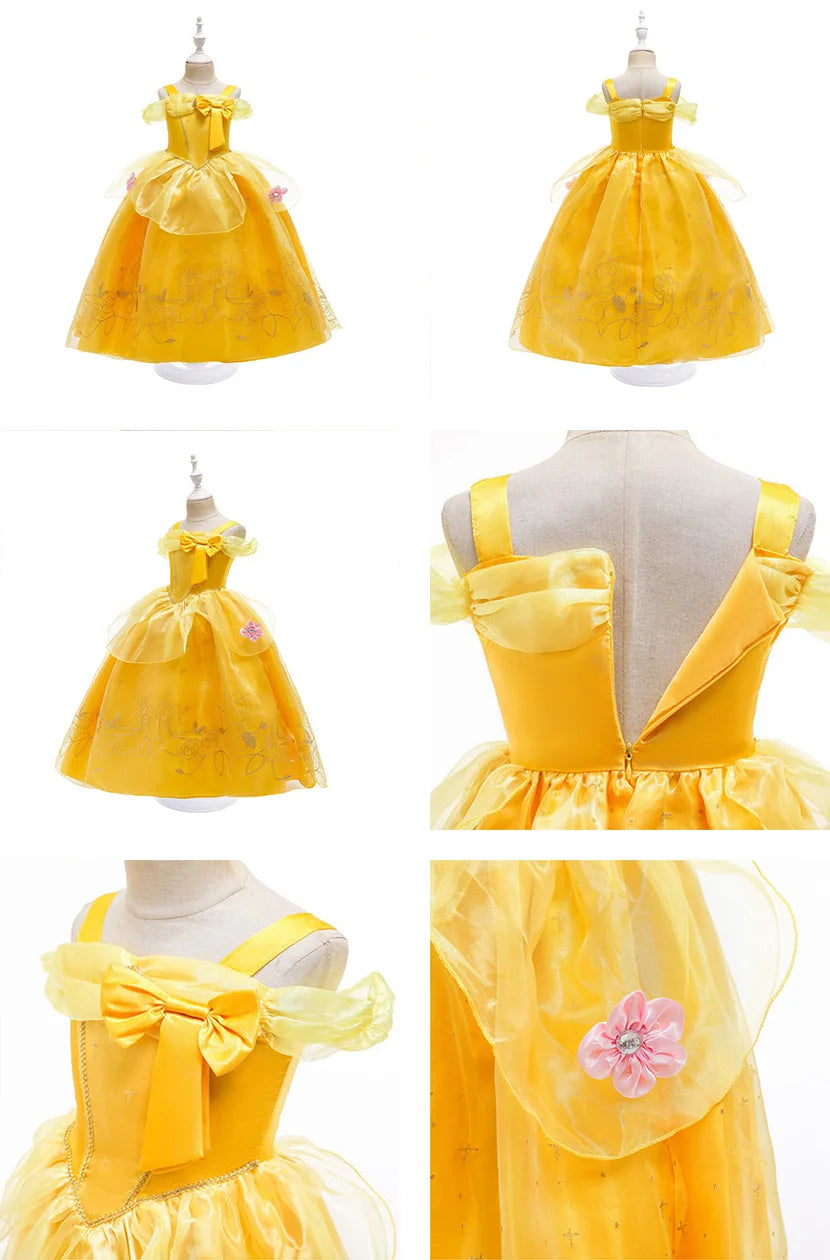 Yellow Princess Dress for Girls, Belle-Inspired Costume Gown in Dress A, B or C Styles and Sizes 3T–10T for Birthday Parties and Halloween