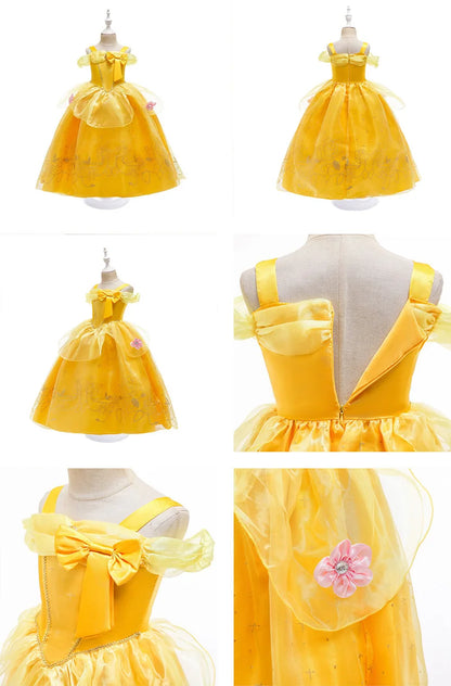 Yellow Princess Dress for Girls, Belle-Inspired Costume Gown in Dress A, B or C Styles and Sizes 3T–10T for Birthday Parties and Halloween