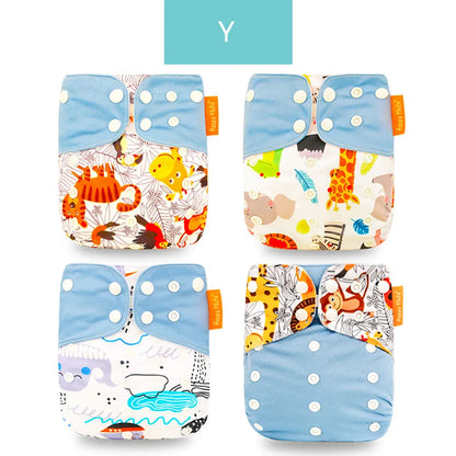 Reusable Cloth Diapers, Happyflute 4-Pack One-Size Pocket Baby Nappies with Adjustable Snap Closures, Washable Covers, Inserts Sold Separately