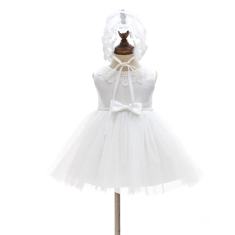 Baby Baptism Gown for Girls with Long Sleeves, Lace Details and Cotton Lining, Dress and Cap Set for Christening and First Birthday Photos