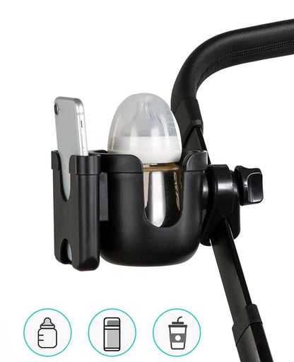 Stroller Bottle and Cup Holder with Clamp Mount and Optional Phone Slot, Single-Cup or Combination Storage Accessory for Walks and Family Outings