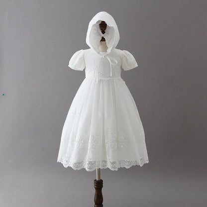 Baby Baptism Gown for Girls with Long Sleeves, Lace Details and Cotton Lining, Dress and Cap Set for Christening and First Birthday Photos