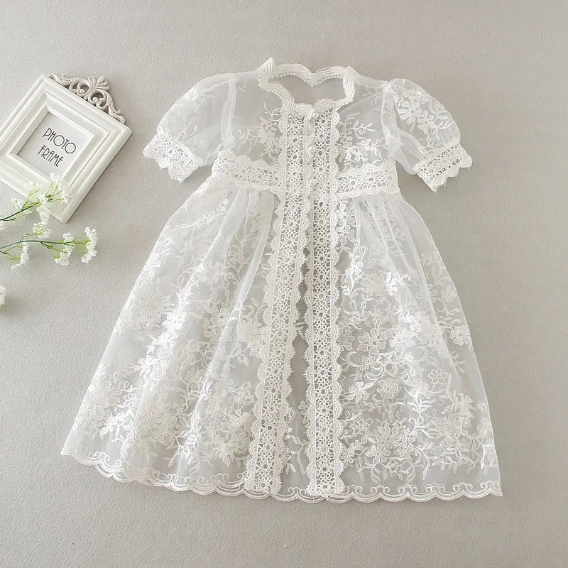 Baby Baptism Gown for Girls with Long Sleeves, Lace Details and Cotton Lining, Dress and Cap Set for Christening and First Birthday Photos