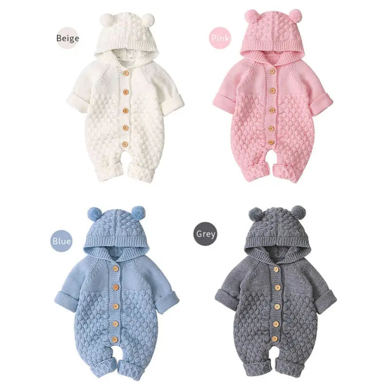 Baby Bobble Knit Hooded Jumpsuit with Round Ear Details, Cotton Blend Button-Front Sweater Romper in Beige, Pink, Blue or Gray