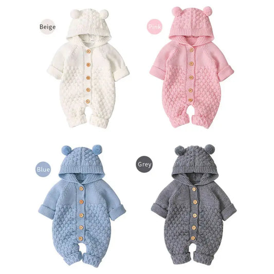 Baby Bobble Knit Hooded Jumpsuit with Round Ear Details, Cotton Blend Button-Front Sweater Romper in Beige, Pink, Blue or Gray