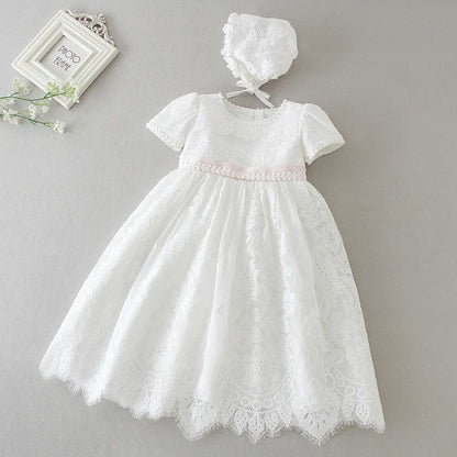 Baby Baptism Gown for Girls with Long Sleeves, Lace Details and Cotton Lining, Dress and Cap Set for Christening and First Birthday Photos