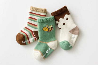 Baby Terry Cotton Socks 3-Pair Set, Thick Non-Slip Socks for Newborns, Infants and Toddlers Ages 0-5 Years for Cozy Fall and Winter Wear