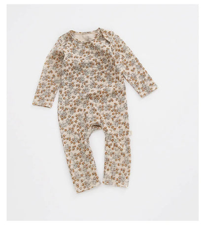 Printed Cotton Baby Romper with Long Sleeves and Footless Legs, Floral and Fruit Pattern One-Piece Outfit for Boys and Girls, Separate Hat Options