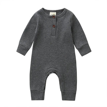 Ribbed Baby Romper with Button Neckline and Inner-Leg Snaps, Long Sleeve Cotton Knit One-Piece Outfit for Boys and Girls in 3M-18M Sizes