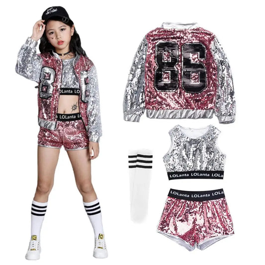 Girls Sequin Hip Hop Dance Costume Set with Metallic Trim Jacket, Crop Top, Shorts and Striped Socks for Jazz Recitals and Stage Performances