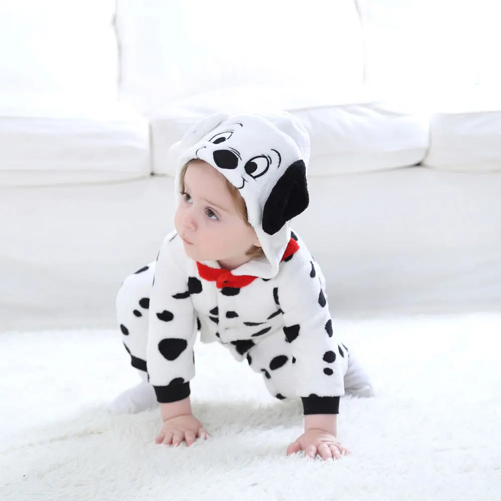 Baby Dalmatian Costume with Puppy Hood, Flannel Animal Jumpsuit for Infants and Toddlers, Halloween Dress-Up and Photo Outfits