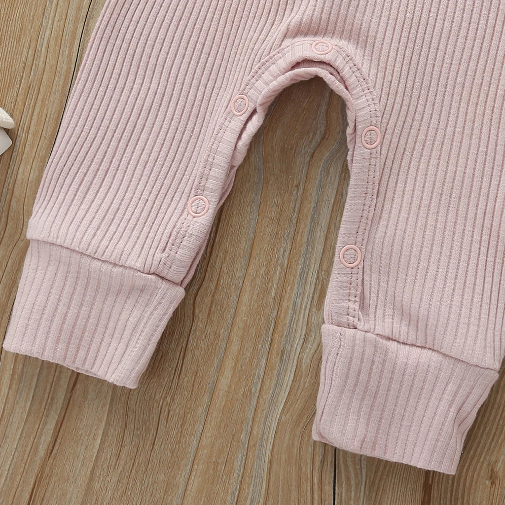 Ribbed Baby Romper with Button Neckline and Inner-Leg Snaps, Long Sleeve Cotton Knit One-Piece Outfit for Boys and Girls in 3M-18M Sizes