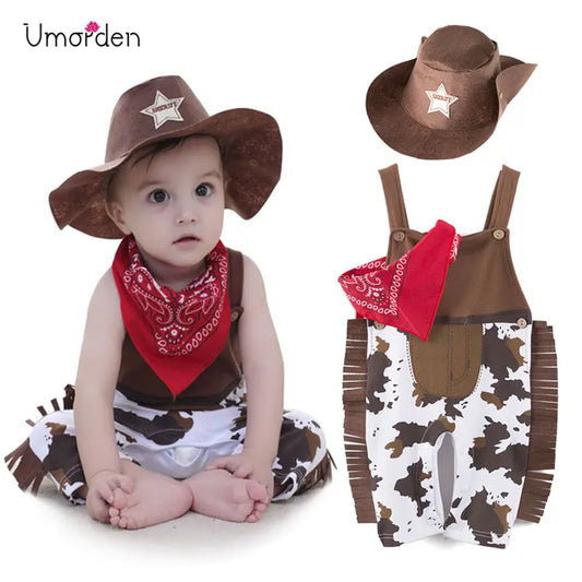 Baby Cowboy Costume Set with Romper, Hat and Scarf, Umorden Cotton-Polyester Western Outfit for Halloween, Birthday Parties and Toddler Dress-Up