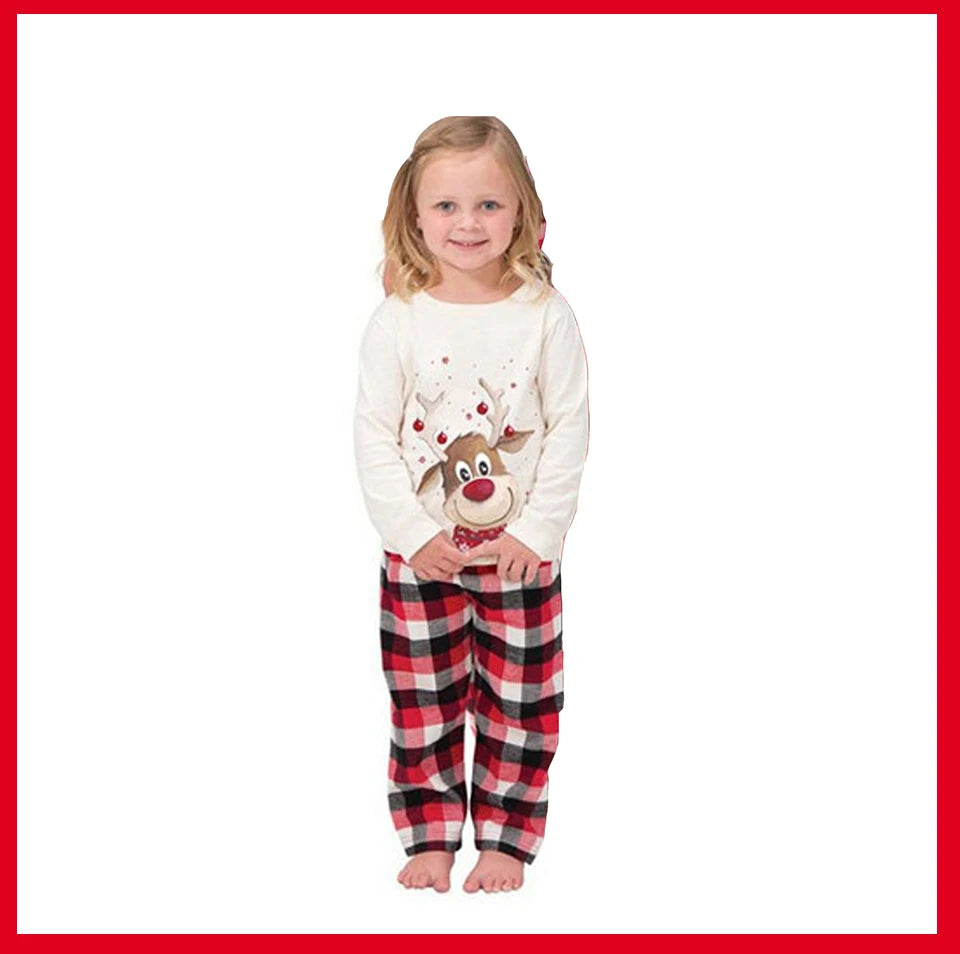 Red-Nose Reindeer Family Christmas Pajamas with White Long Sleeve Tops and Red Black Plaid Pants, Matching Mom Dad Kids Sets and Baby Jumpsuit Options