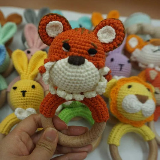 Crochet Animal Baby Rattle with Wooden Ring | Single Rabbit, Tiger or Lion Style Toy for Supervised Infant Play and Baby Shower Gifting