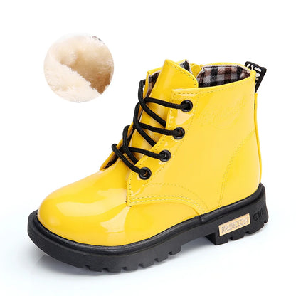 Lace-Up Kids Ankle Boots in PU Leather, Side-Zip Casual Shoes for Boys and Girls with Plush-Lined Options, Five Colors and Sizes 21-36