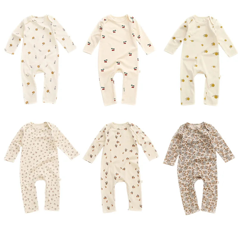 Printed Cotton Baby Romper with Long Sleeves and Footless Legs, Floral and Fruit Pattern One-Piece Outfit for Boys and Girls, Separate Hat Options