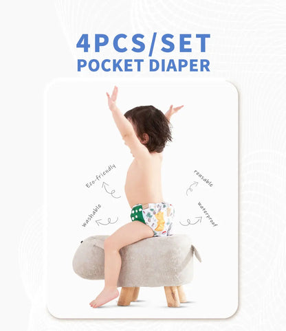 Pocket Cloth Diapers 4-Pack by Happyflute, Reusable Baby Nappies with Printed PUL Outer, Suede Cloth Lining and Snap Closures for 3–15 kg