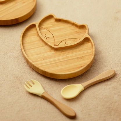Baby Bamboo Suction Plate Set with Wooden-Handle Spoon and Fork, 3-Piece Cartoon Dinnerware with Divided Elephant Design for Toddler Meals