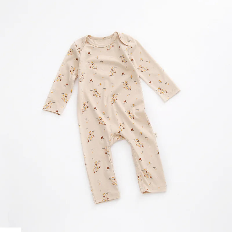 Printed Cotton Baby Romper with Long Sleeves and Footless Legs, Floral and Fruit Pattern One-Piece Outfit for Boys and Girls, Separate Hat Options