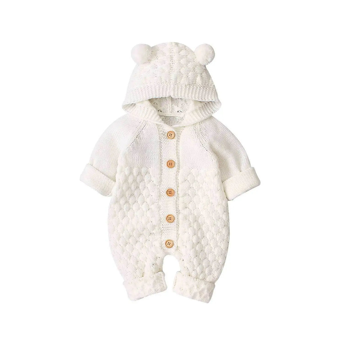 Baby Bobble Knit Hooded Jumpsuit with Round Ear Details, Cotton Blend Button-Front Sweater Romper in Beige, Pink, Blue or Gray