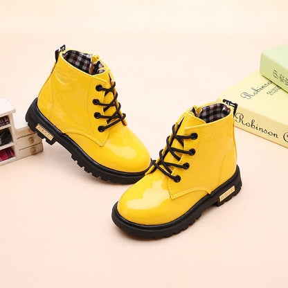 Lace-Up Kids Ankle Boots in PU Leather, Side-Zip Casual Shoes for Boys and Girls with Plush-Lined Options, Five Colors and Sizes 21-36