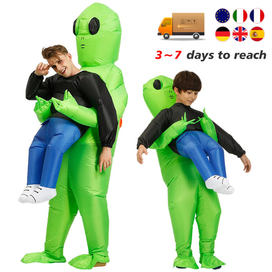Alien Piggyback Inflatable Costume for Adults and Kids, Green Carrying Illusion Suit with Fan for Halloween, Cosplay and Stage Parties