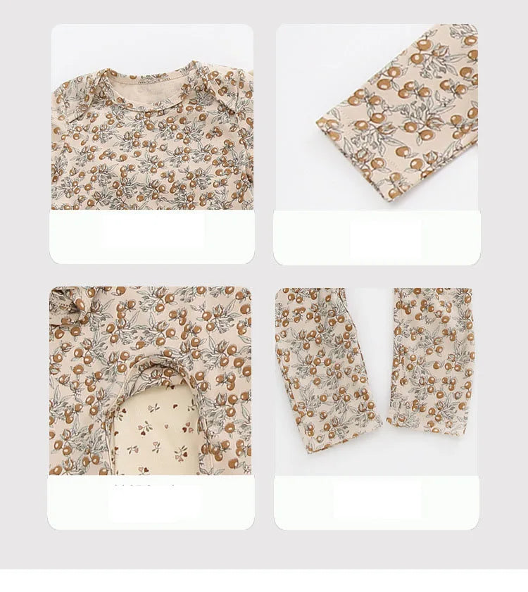 Printed Cotton Baby Romper with Long Sleeves and Footless Legs, Floral and Fruit Pattern One-Piece Outfit for Boys and Girls, Separate Hat Options