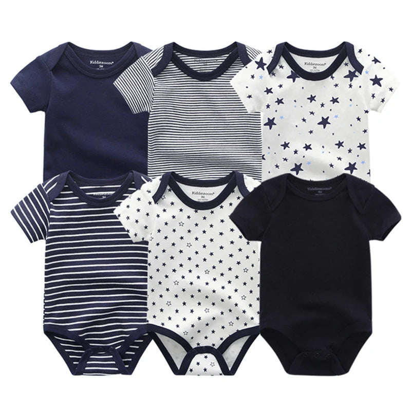 Baby Cotton Bodysuit Set, 6-Piece Short Sleeve Outfits with Envelope Shoulders and Snap Crotch for Boys and Girls, Sizes 3M-12M