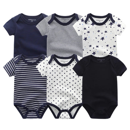 Baby Cotton Bodysuit Set, 6-Piece Short Sleeve Outfits with Envelope Shoulders and Snap Crotch for Boys and Girls, Sizes 3M-12M