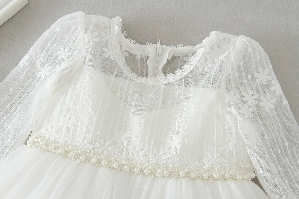 Baby Baptism Gown for Girls with Long Sleeves, Lace Details and Cotton Lining, Dress and Cap Set for Christening and First Birthday Photos