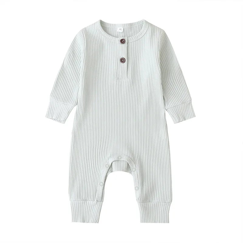 Ribbed Baby Romper with Button Neckline and Inner-Leg Snaps, Long Sleeve Cotton Knit One-Piece Outfit for Boys and Girls in 3M-18M Sizes