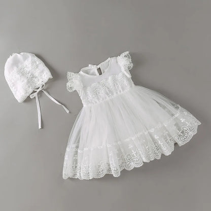 Baby Baptism Gown for Girls with Long Sleeves, Lace Details and Cotton Lining, Dress and Cap Set for Christening and First Birthday Photos