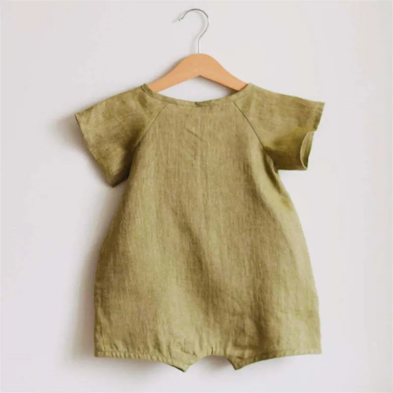 Baby Wrap Romper in Linen Cotton with Short Sleeves and Side Ties, V-Neck Summer One-Piece Outfit for Boys and Girls in Four Color Options